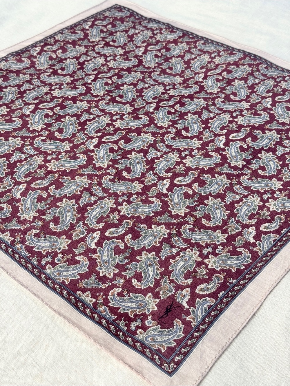 Vintage YSL Burgundy Paisley Bohemian Cotton Bandana Head Scarf Made in Japan